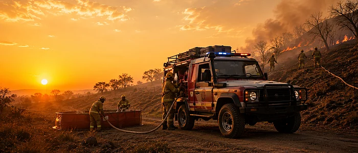 Fire brigade in action in a desert region