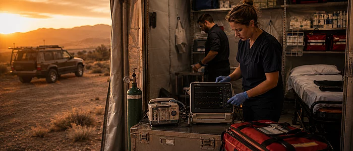 Mobile emergency medical services at sunset