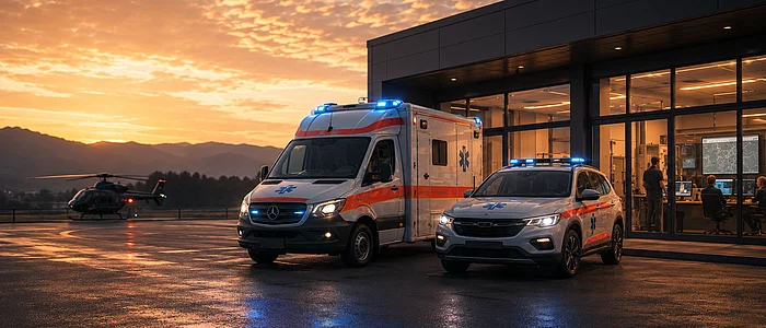 Emergency vehicles outside a garage at sunset