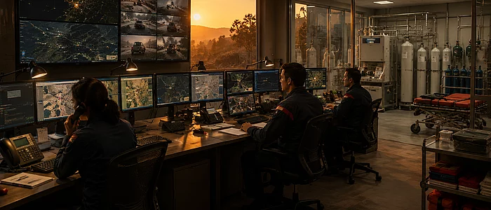 High-tech control room at sunset